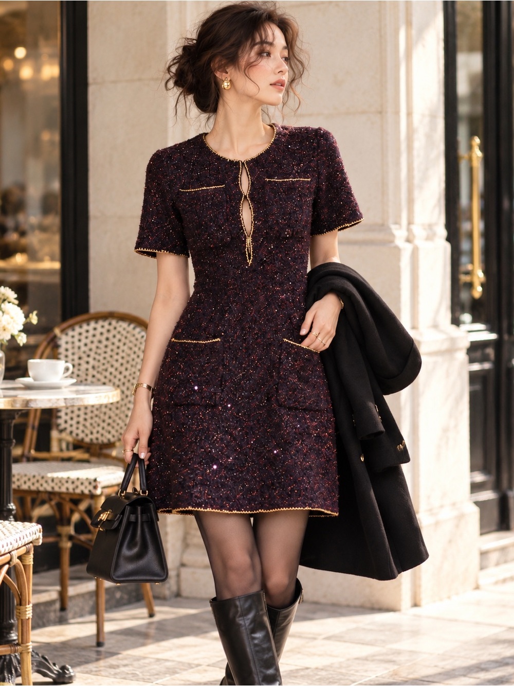 Maje NWOT Metallic Purple Tweed Mini Dress with Gold Trim Accents